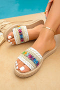 Parchment Bohemian Vacation Woven Colorful Detail Wide Band Slippers