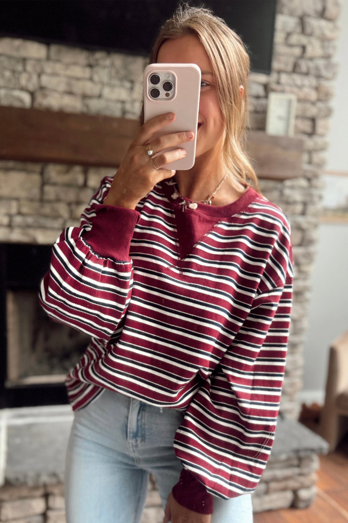 Red Stripe Dropped Shoulder Long Puff Sleeve Top