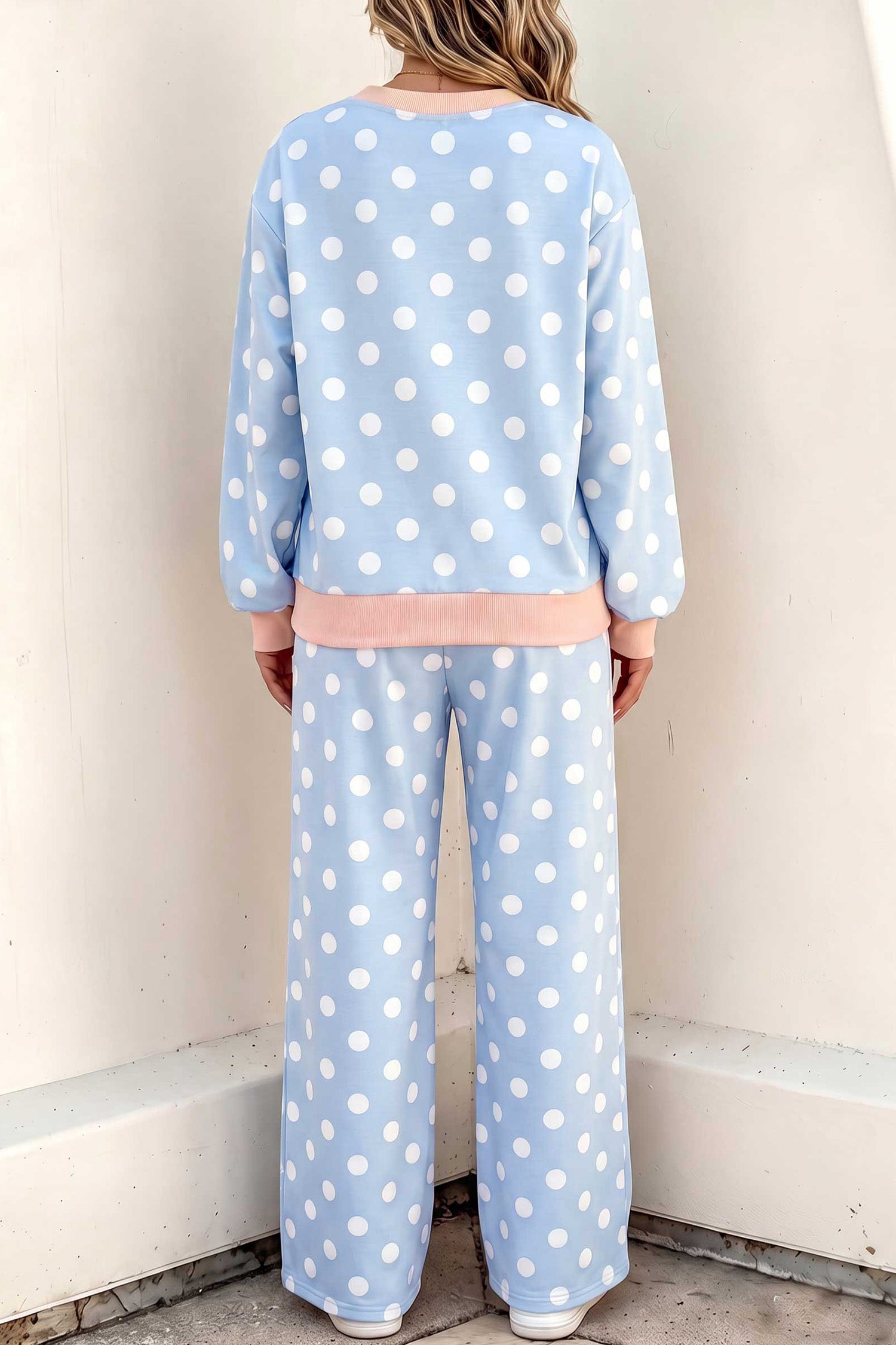 Pink Polka Dot Contrast Trim Long Sleeve Top Drawstring Shift Pants Set