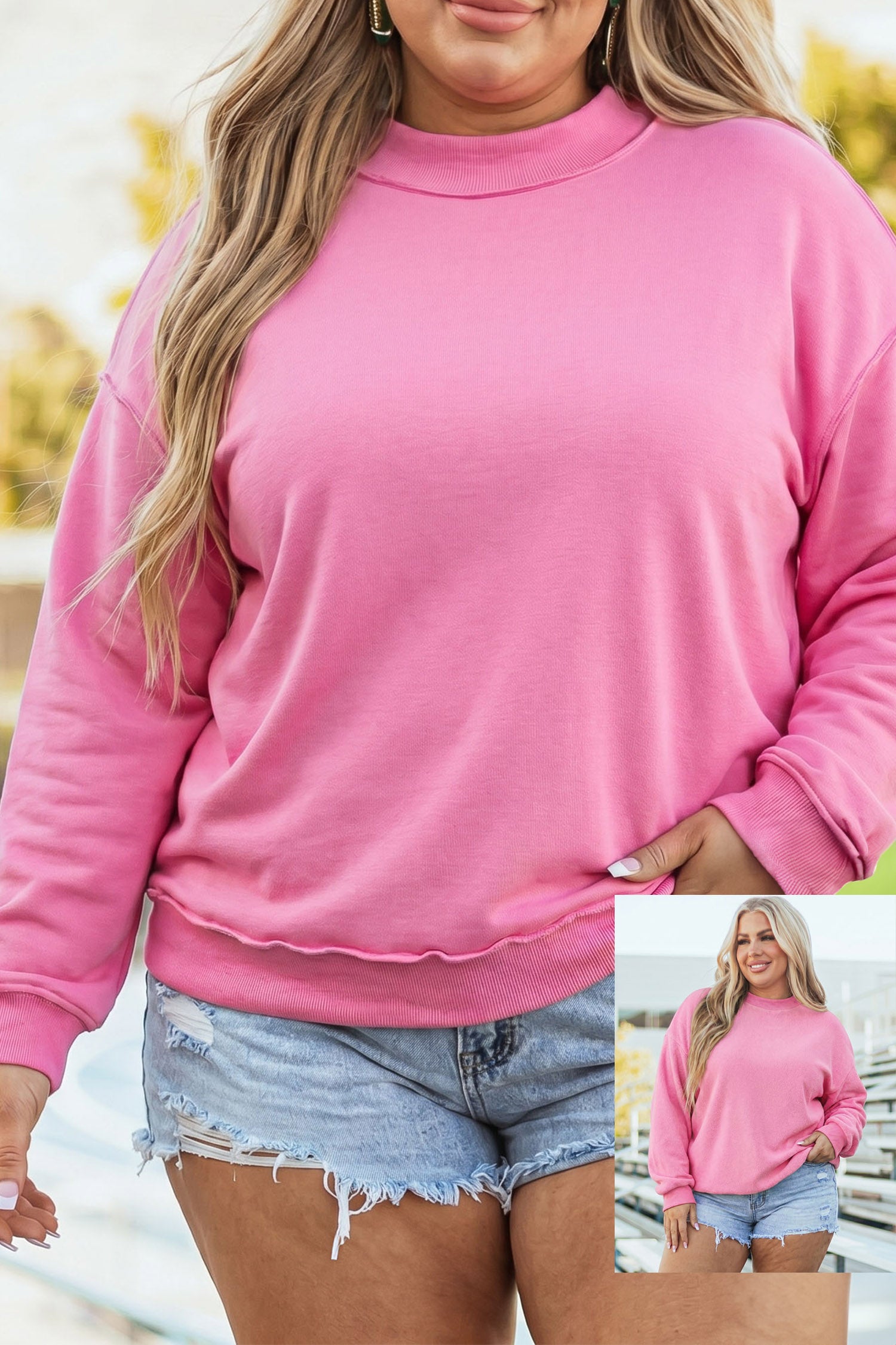 Bright Pink Exposed Seam Detail Reversible Double Wear Plus Size Sweatshirt