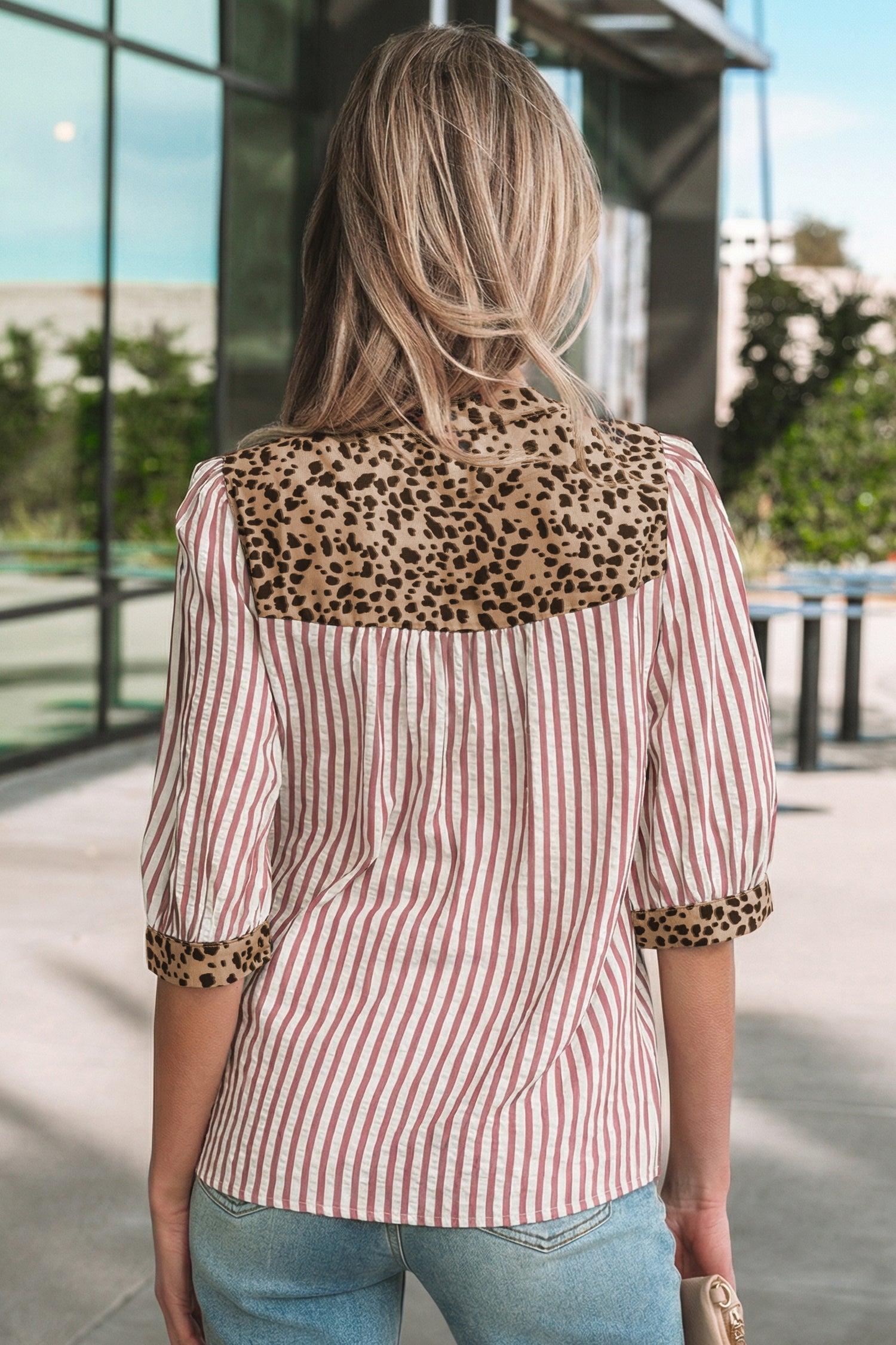 Sky Blue Stripe Leopard Trim V Neck Button Down Half Sleeve Shirt