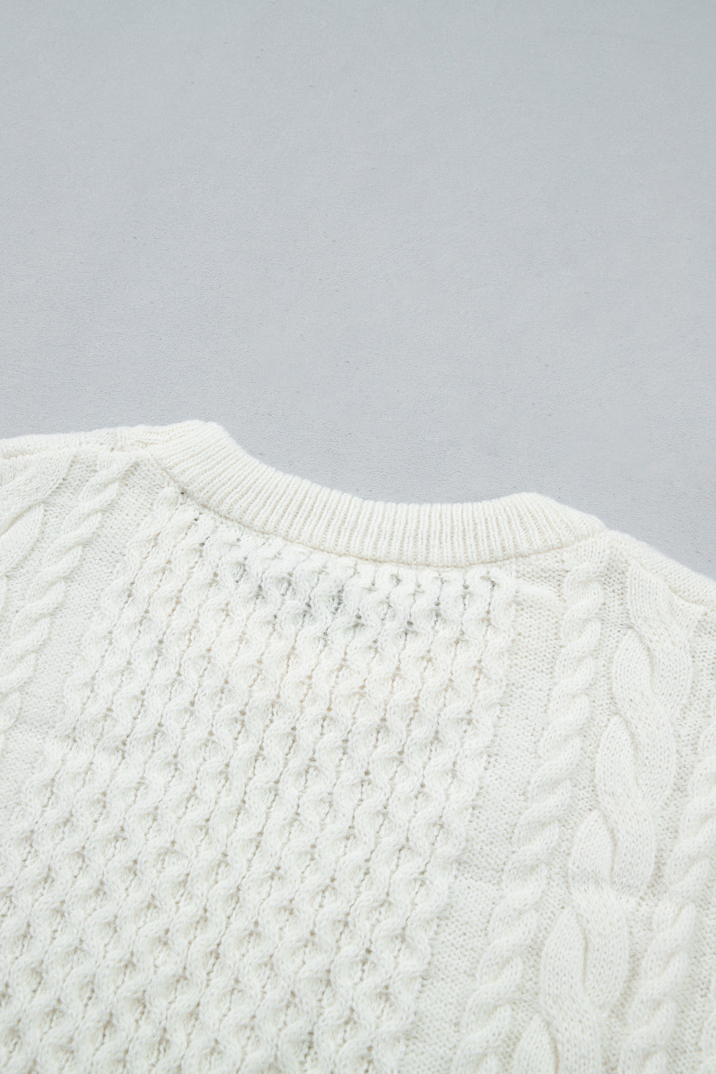 Beige Solid Color Cable Detail Knit Loose Round Neck Sweater