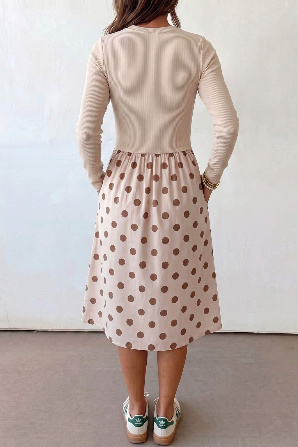 Beige Polka Dot Midi Long Sleeve Dress