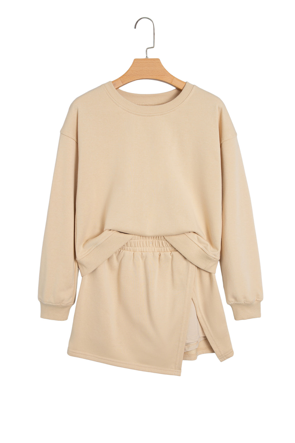 Parchment Solid Color Long Sleeve Top Split Skort 2pcs Outfit