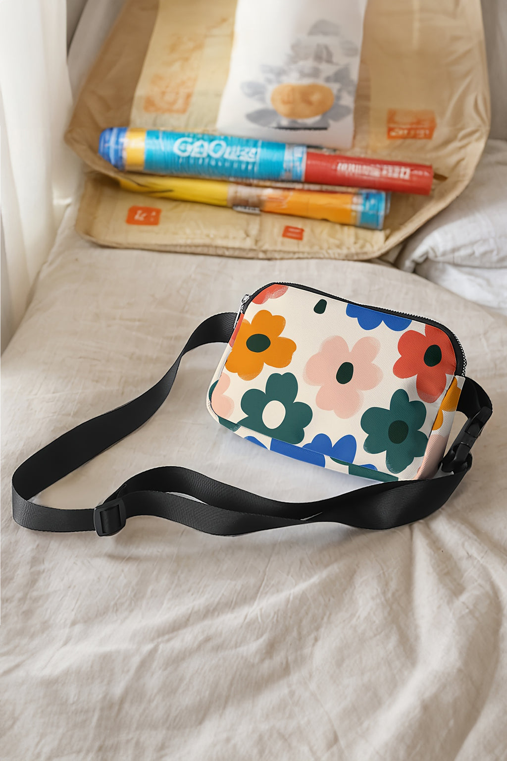White Cute Flower Printed Canvas Crossbody Bag