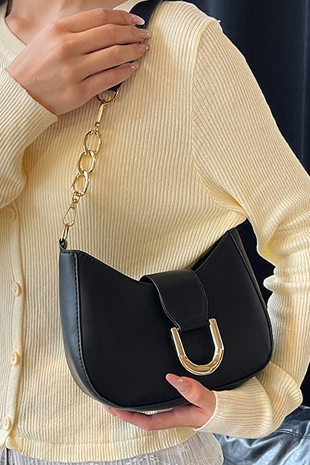 Black Gold Hardware PU Leather Single Shoulder Bag
