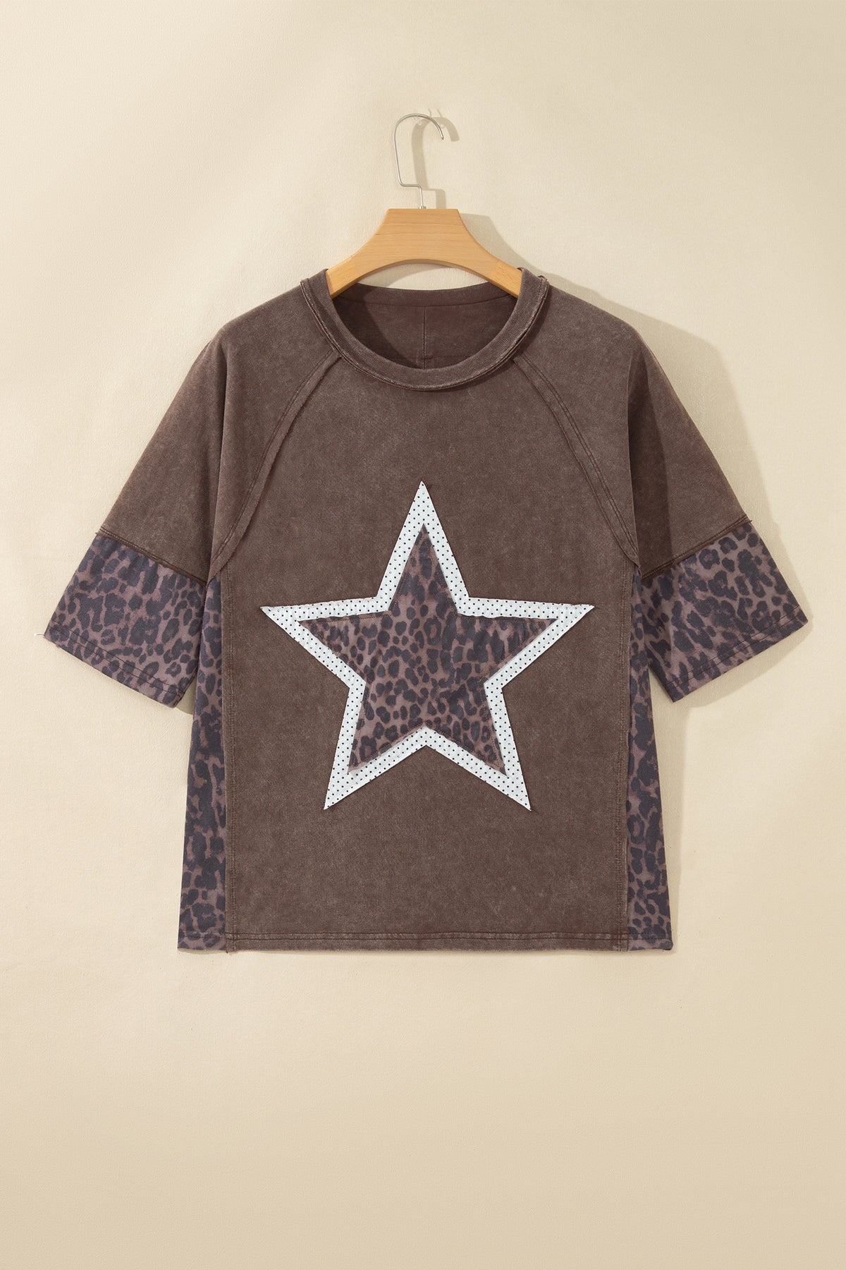 Coffee Mineral Wash Exposed Seam Leopard Star Patched T Shirt