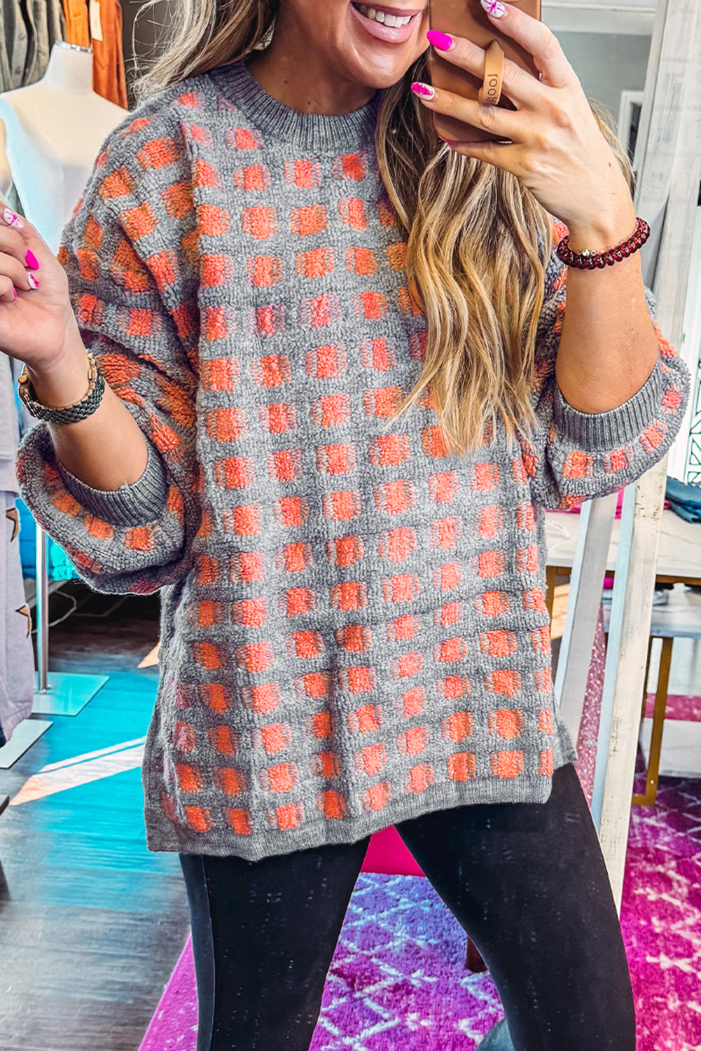 Pink Checkered Oversized Side Slit Sweater