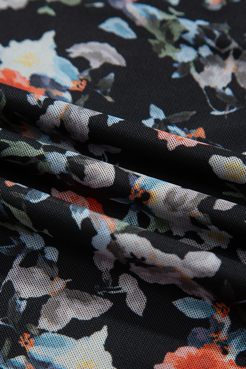 Black Floral Print Mesh Long Sleeve Stand Neck Pullover Top