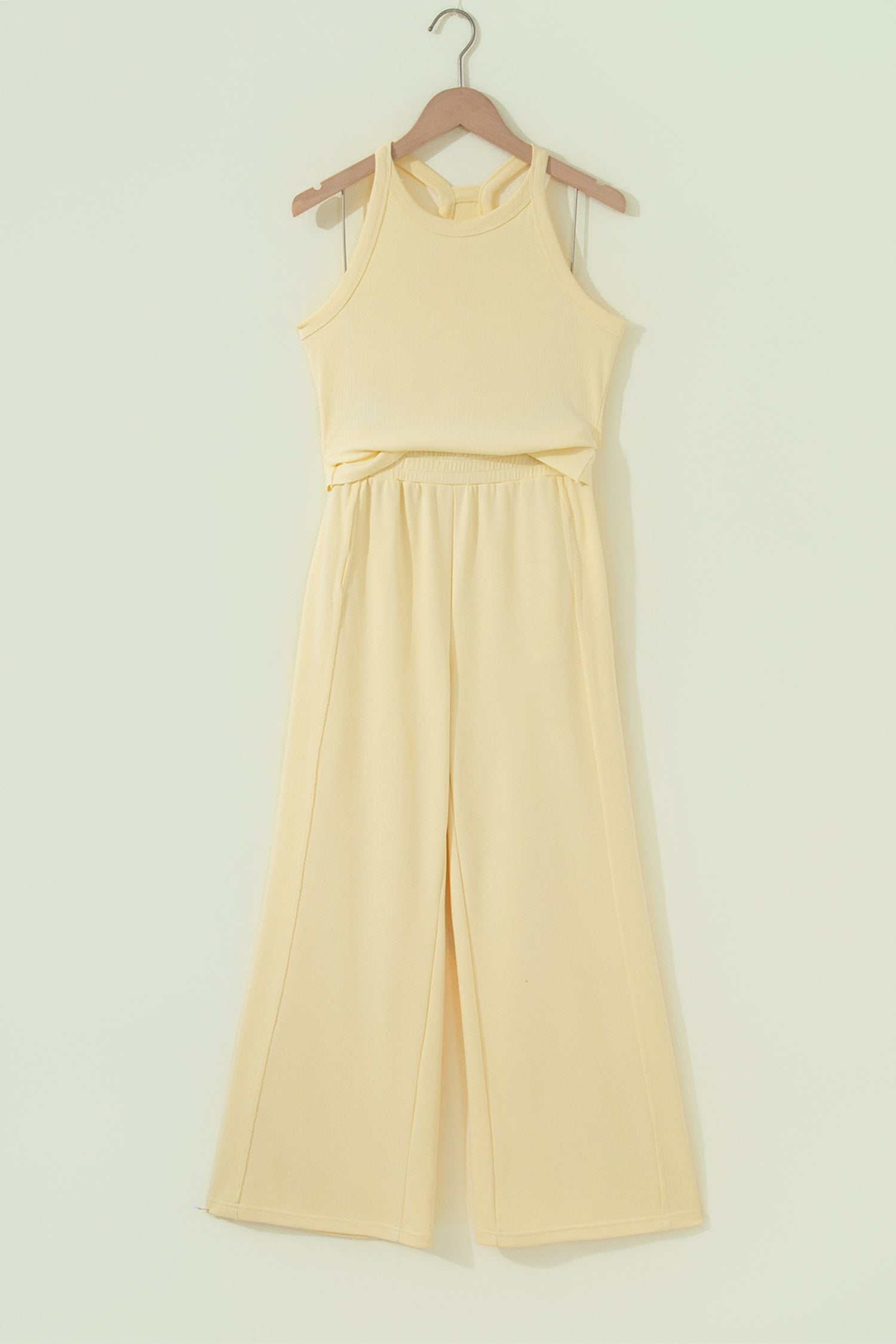 Yellow Cream Slim Ribbed Tank Top and Sweatpants Set