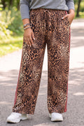 Khaki Leopard Print Colorblock Side Stripes Wide Leg Full Length Plus Size Pants