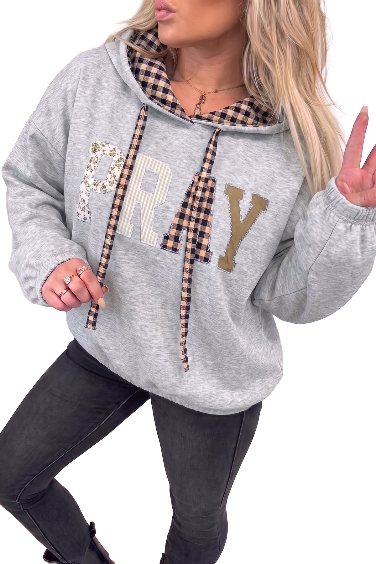 Black PRAY Mix Pattern Letter Graphic Plaid Contrast Drawstring Hoodie