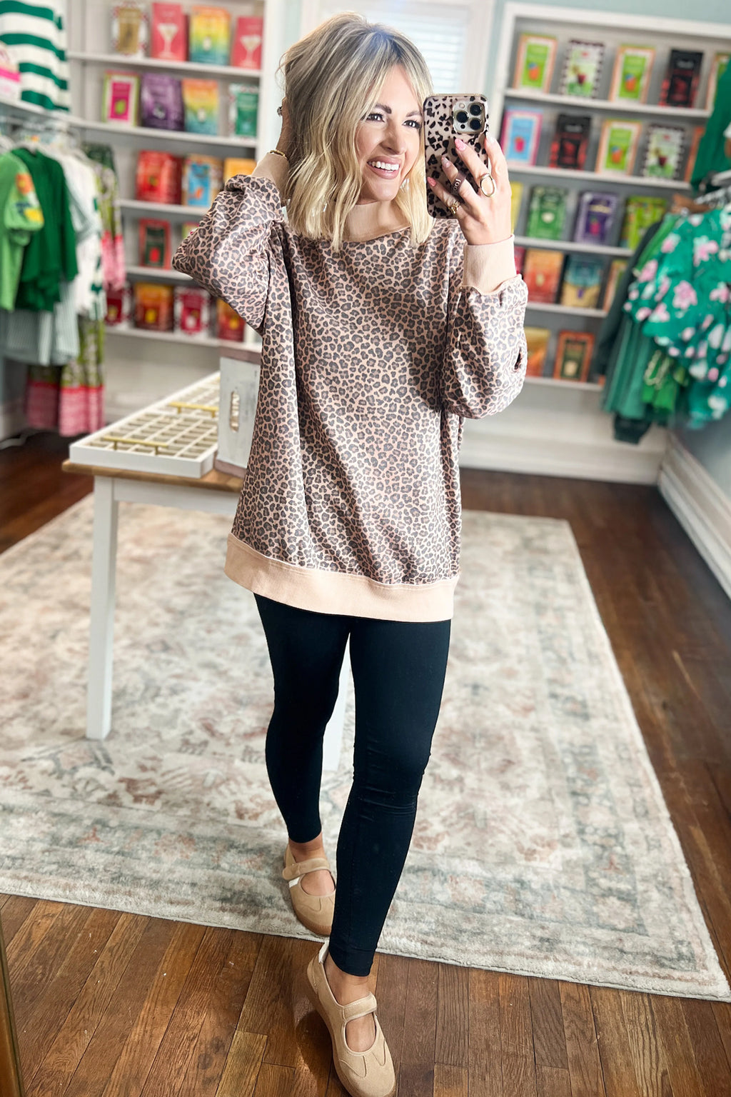 Multicolour Leopard Print High Neck Long Sleeve Ribbed Cuffs Hem Sweatshirt