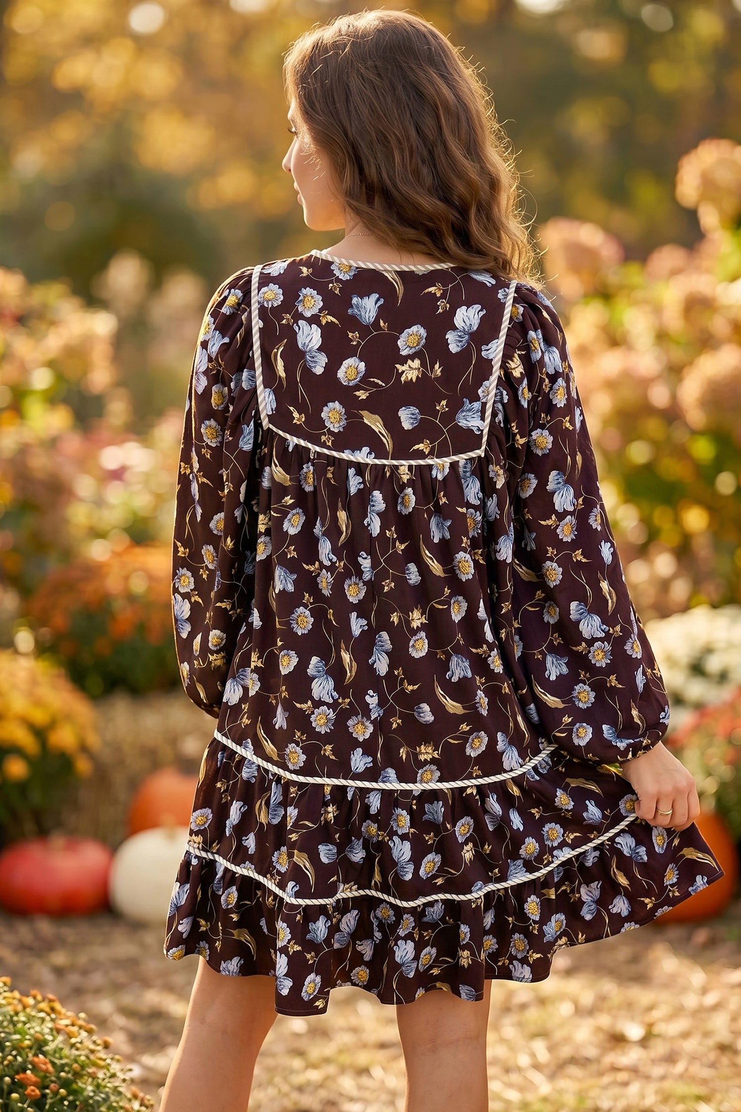 Brown Floral Print Shirred V Neck Shift Dress