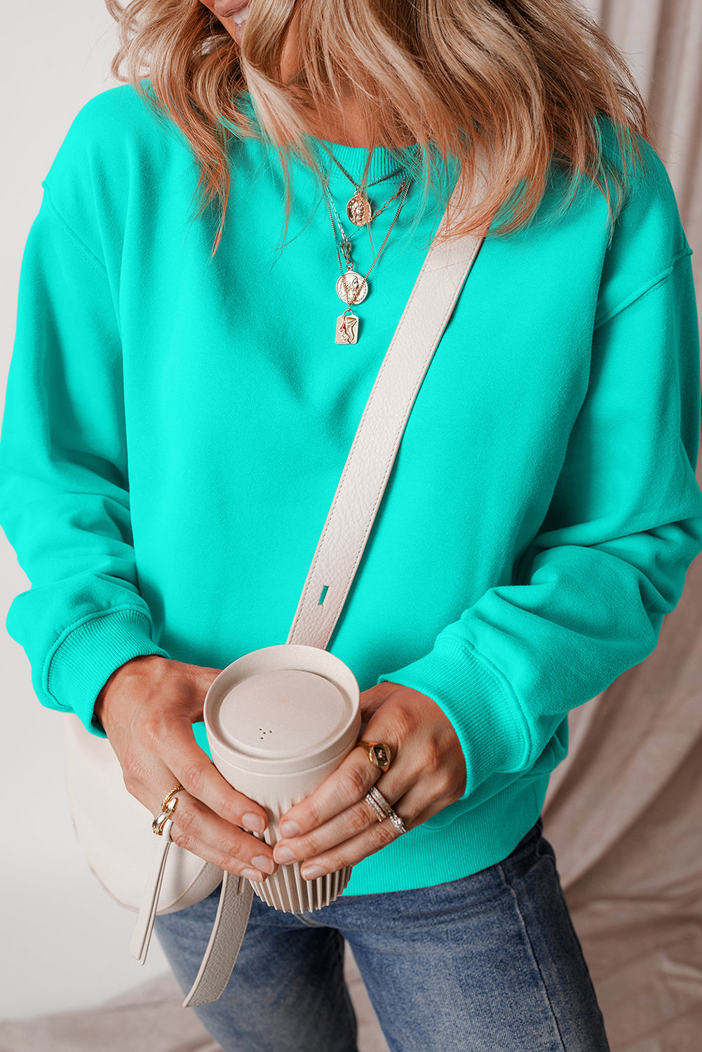 Black Solid Fleece Lined Drop Shoulder Terry Sweatshirt