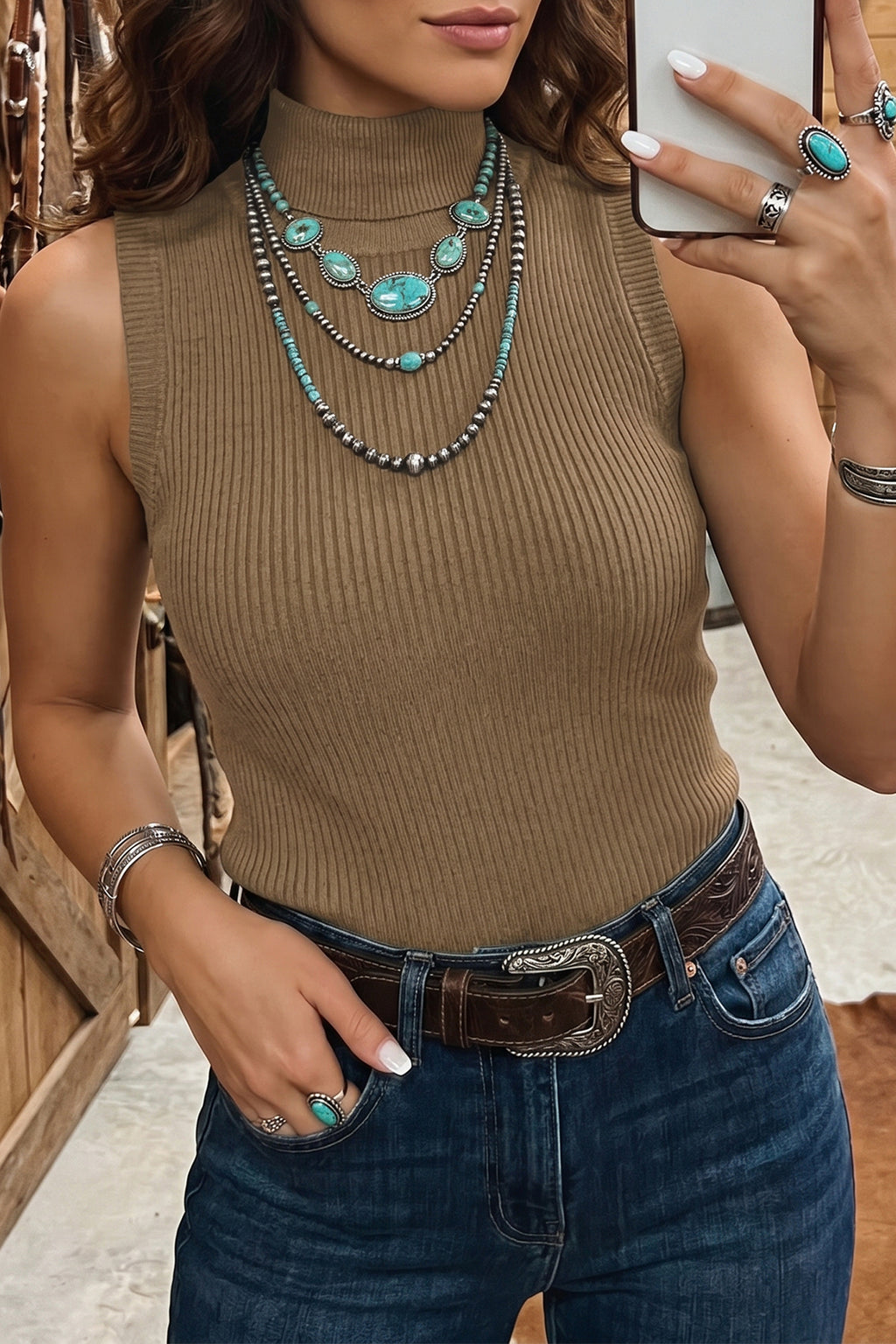 Light French Beige Western Ribbed Knit High Neck Sleeveless Waist Slim Fit Sweater Vest