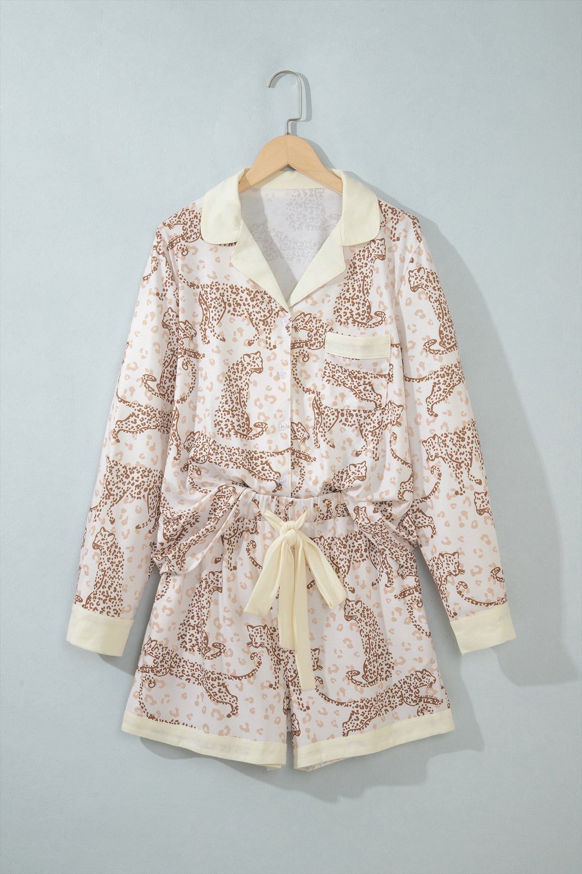 Yellow Leopard Print Colorblock Pocket Placket Long Sleeve Lounge Set