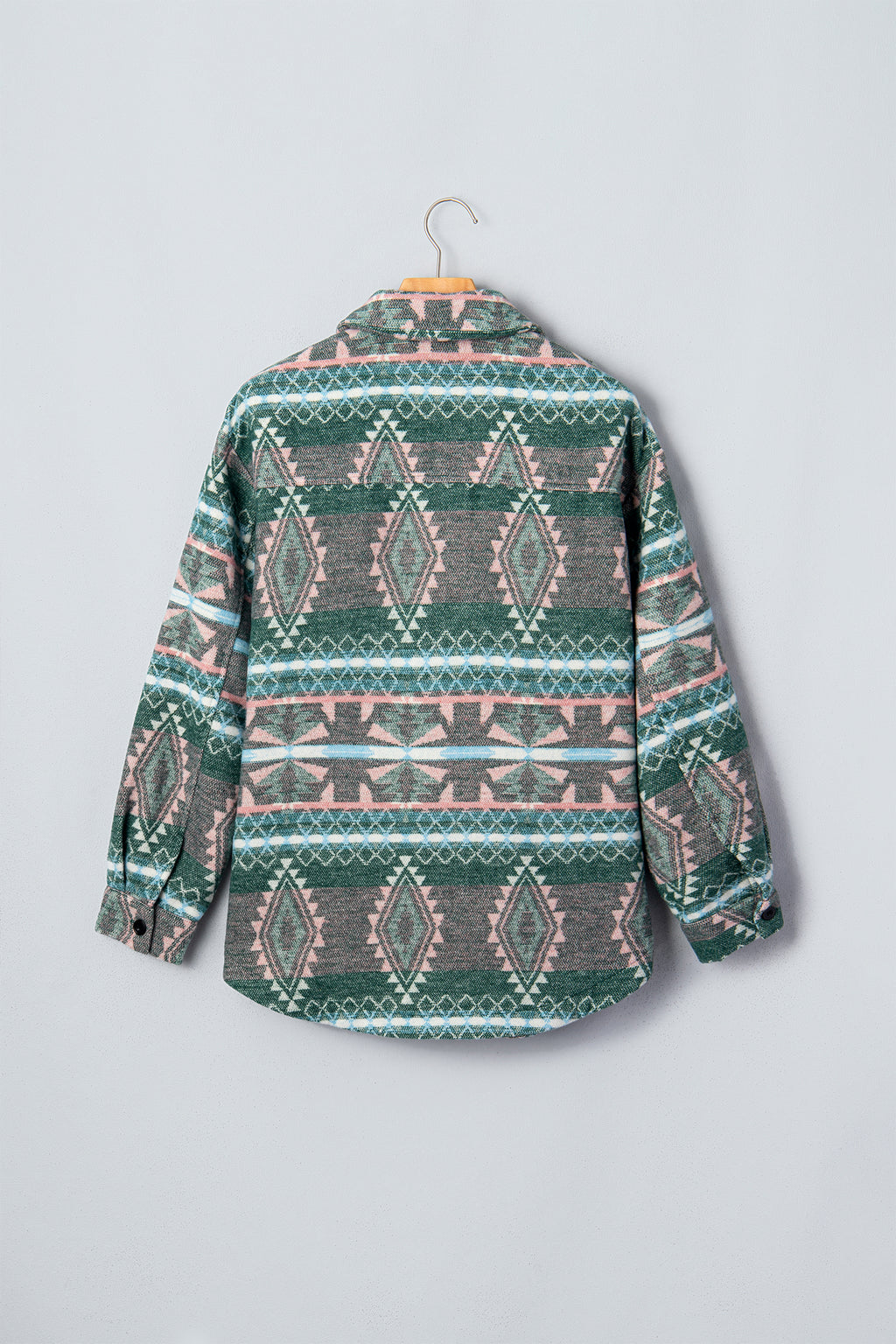 Green Geometric Print Button Front Long Sleeve Shacket