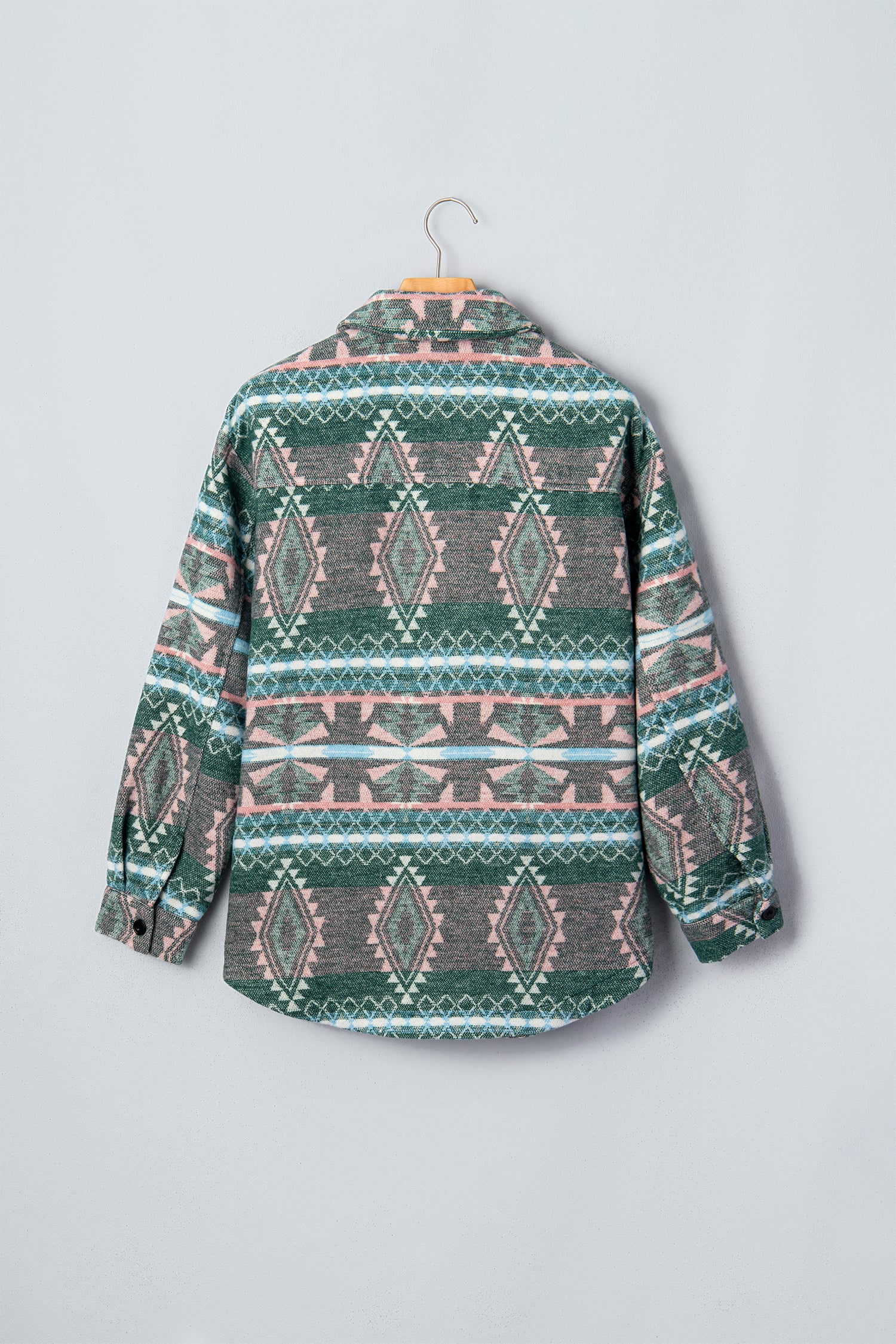 Green Geometric Print Button Front Long Sleeve Shacket