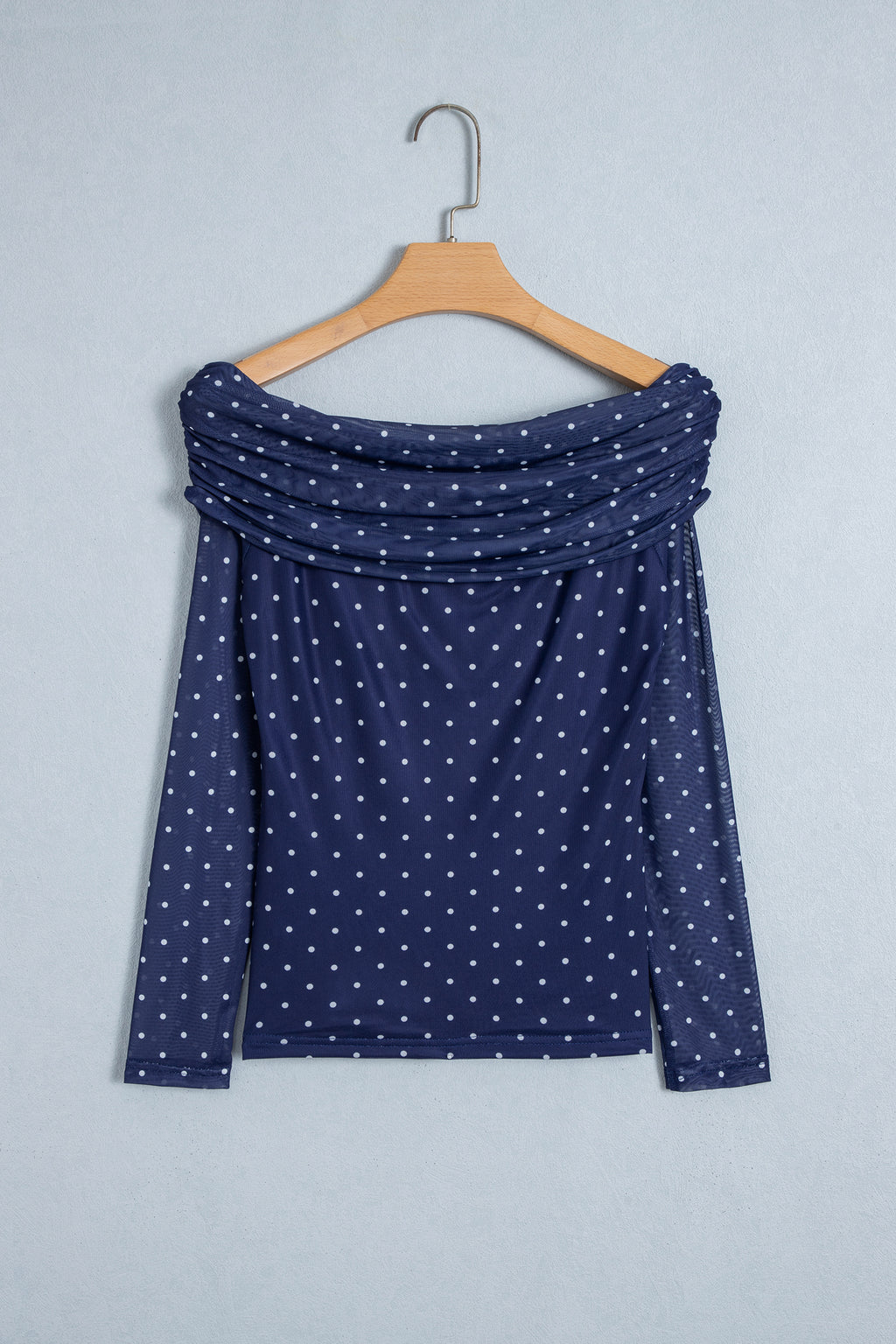 Blue Off Shoulder Polka Dot Mesh Long Sleeve Sheath Top