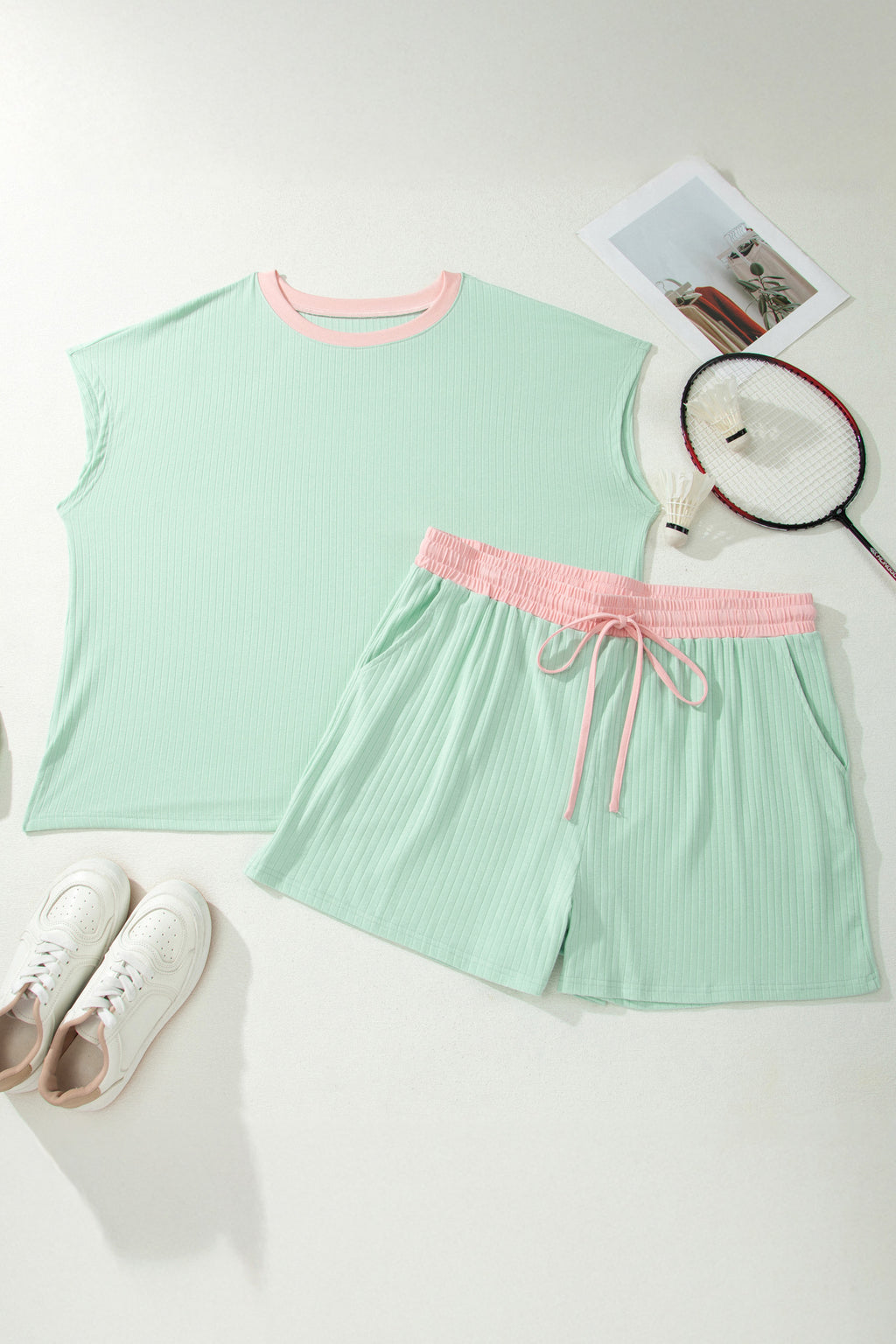 Clearly Aqua Plus Size Ribbed Color Block Trim Drawstring Shorts 2pcs Set