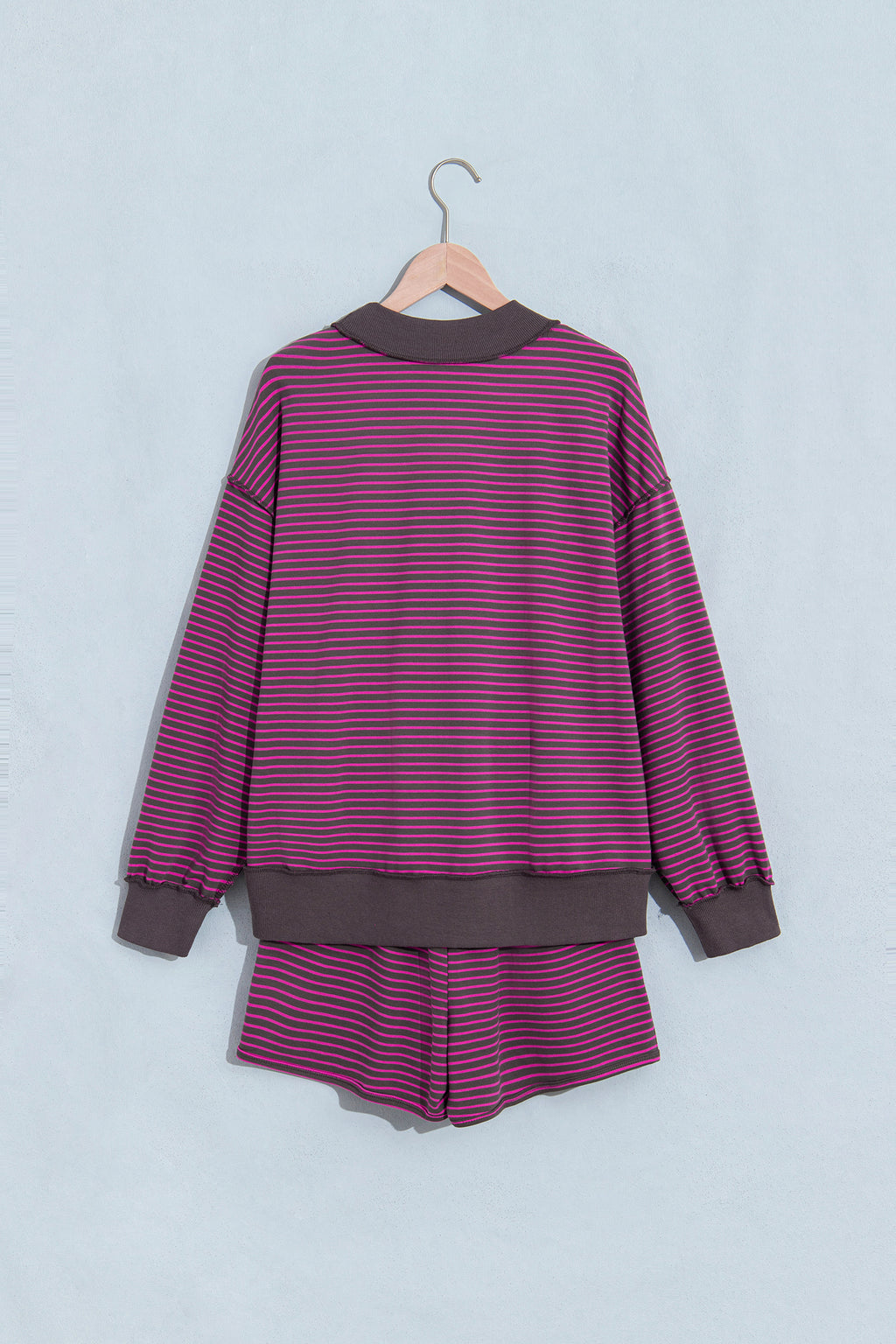 Brown Ribbed Patchwork Mock Neck Baggy Pullover Matching Shorts Set