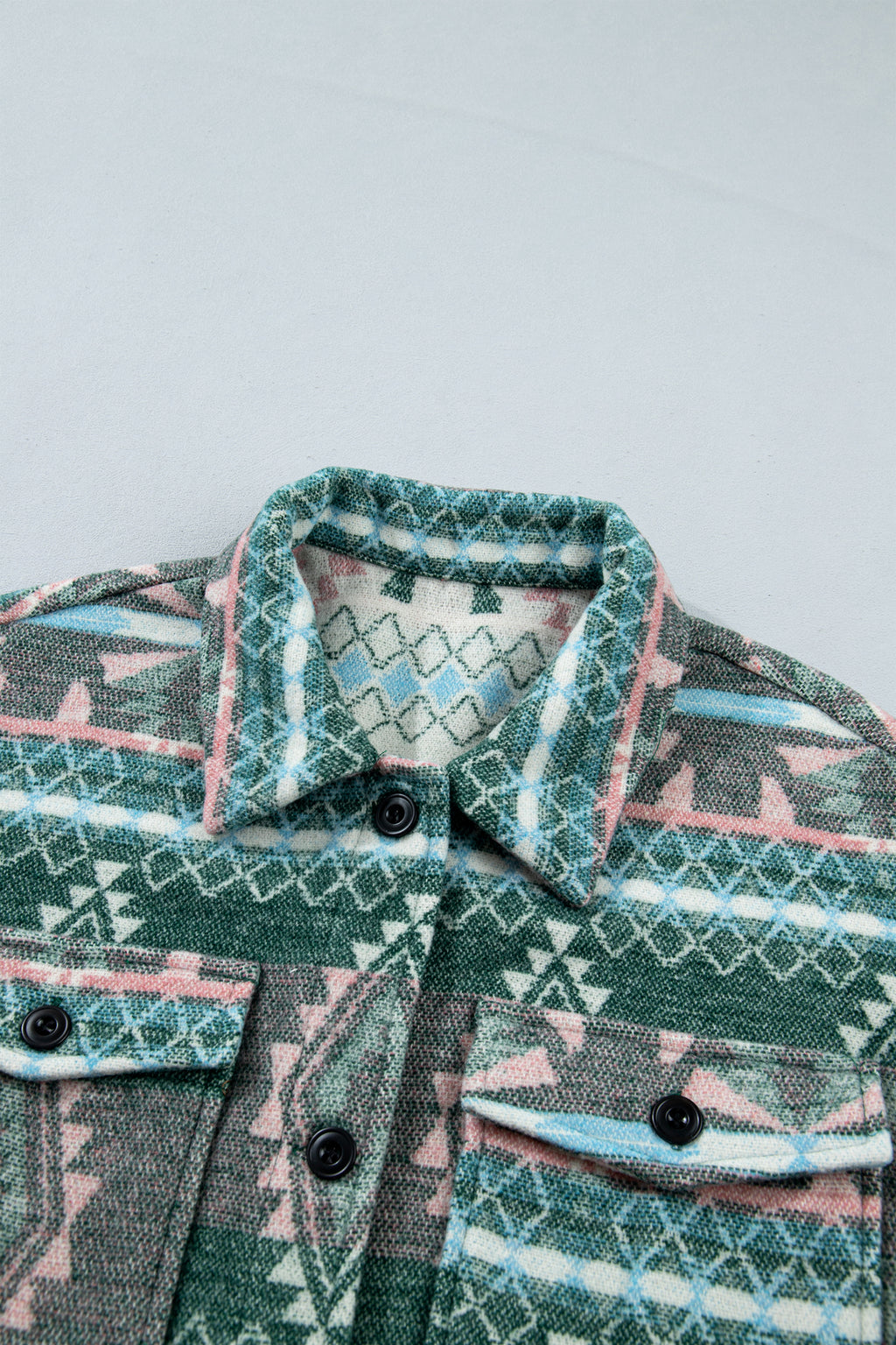 Green Geometric Print Button Front Long Sleeve Shacket