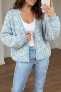 Light Blue Leopard Print V Neck Long Sleeve Loose Fit Knit Cardigan