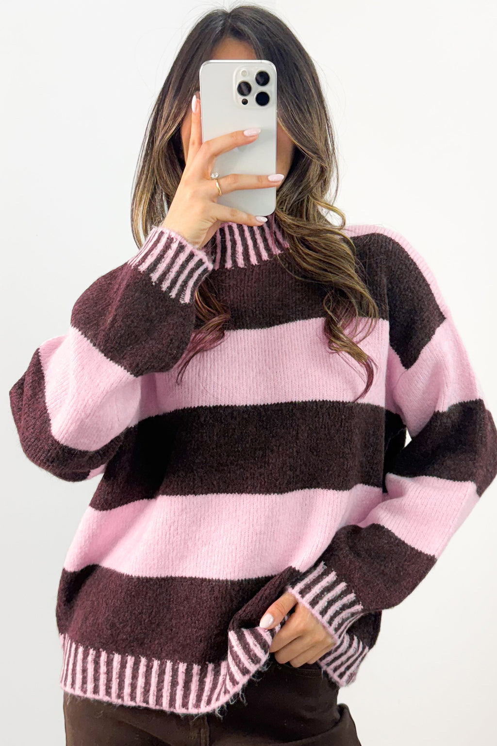 Pink Stripe Contrast High Neck Dropped Shoulder Relaxed Pullover Sweater