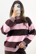 Pink Stripe Contrast High Neck Dropped Shoulder Relaxed Pullover Sweater