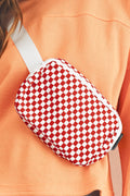 Fiery Red Checkered Print Zipped Buckle Strap Crossbody Bag