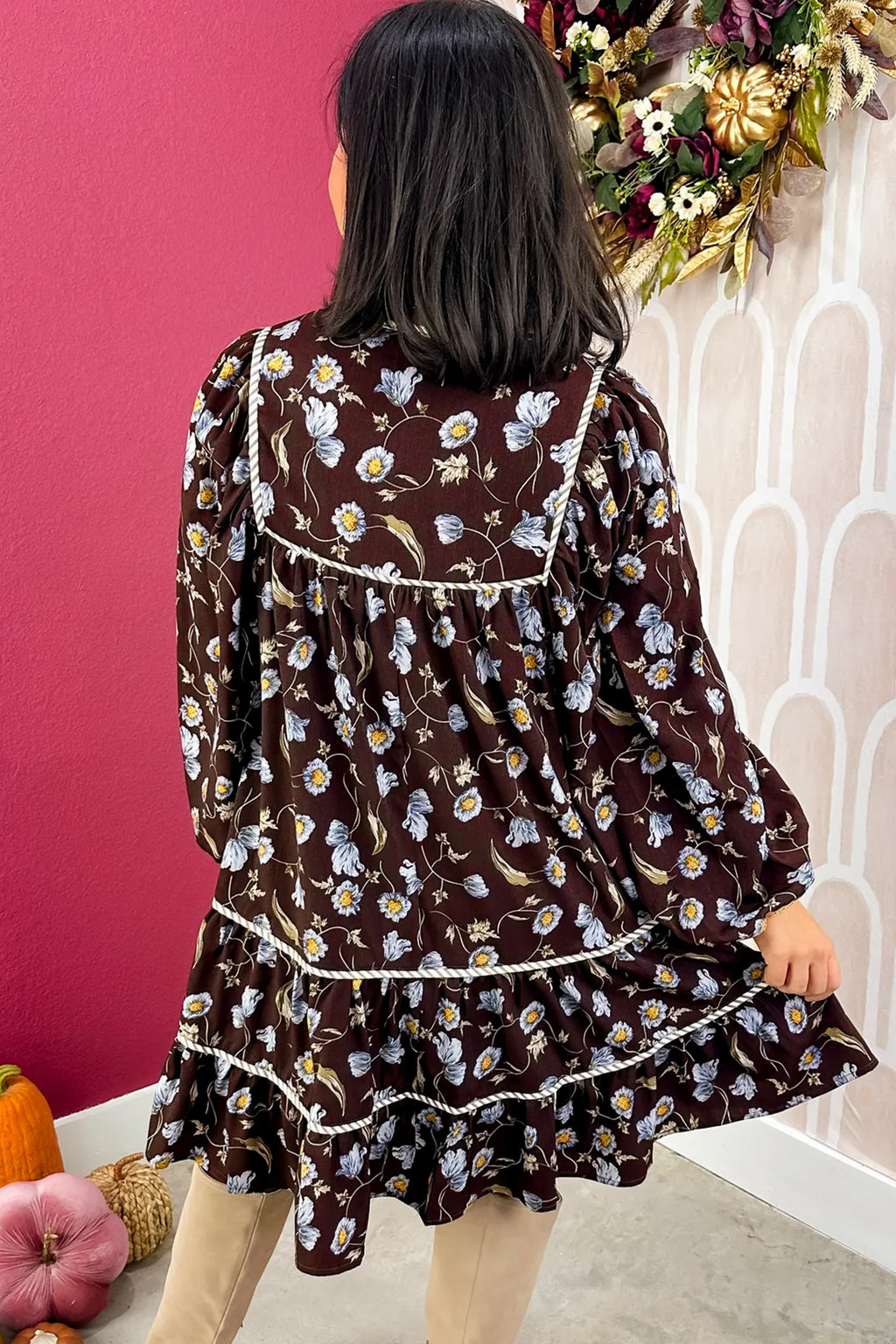 Brown Floral Print Shirred V Neck Shift Dress
