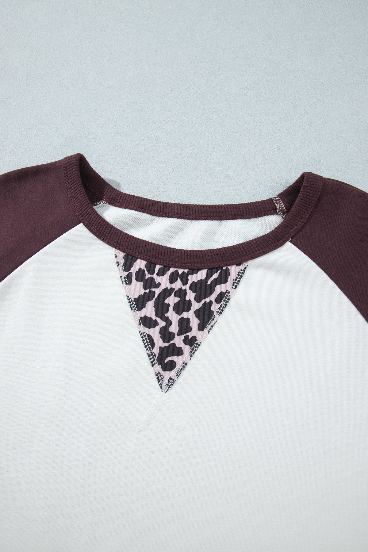 Beige Leopard Print Colorblock Round Neck Long Sleeve Plus Size Blouse