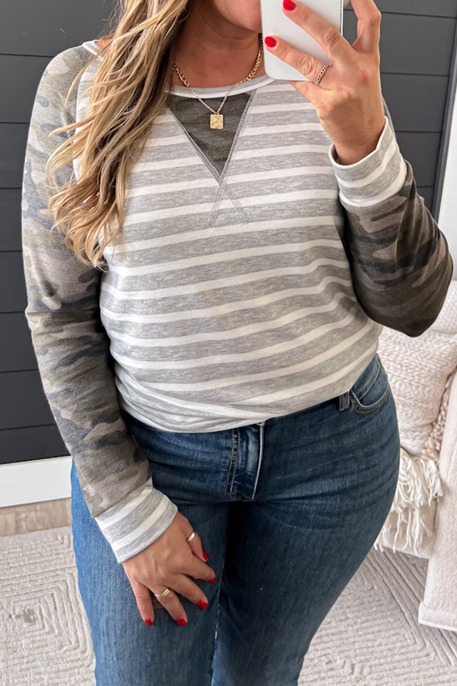 Gray Stripe Camo Sleeve Striped Colorblock Round Neck Long Sleeve Plus Size Blouse