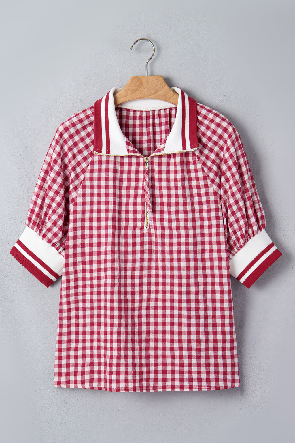 Red Gingham Striped Patchwork Half Zip Blouse