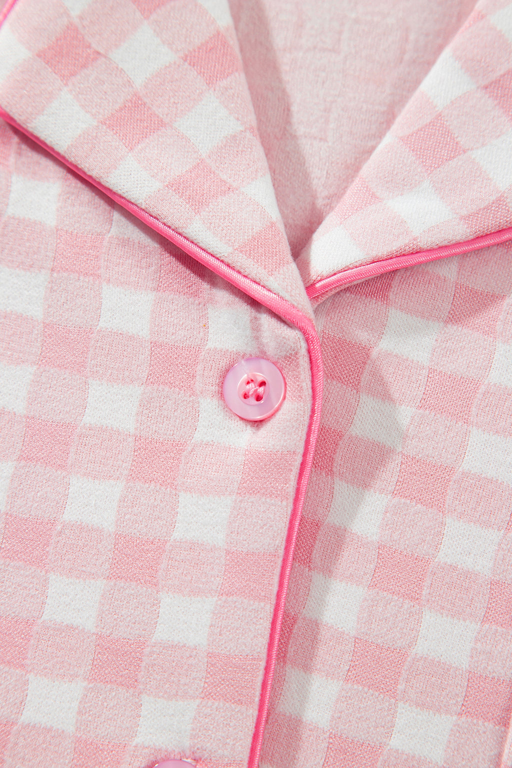 Pink Gingham Long Sleeve Lapel Shirt 2pcs Pajama Pant Set