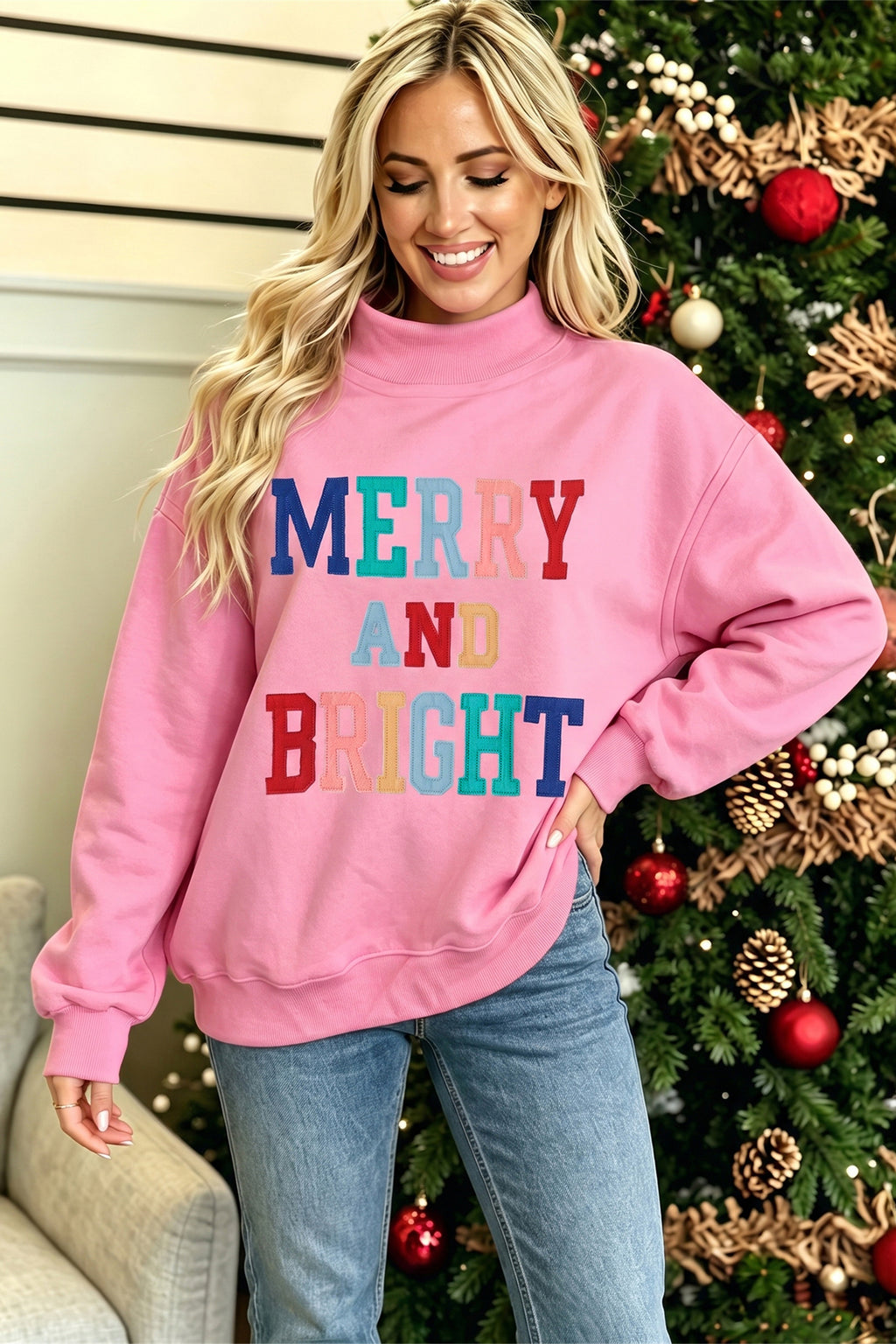 White MERRY AND BRIGHT Stitched Letter Pattern Mock Neck Sweatshirt