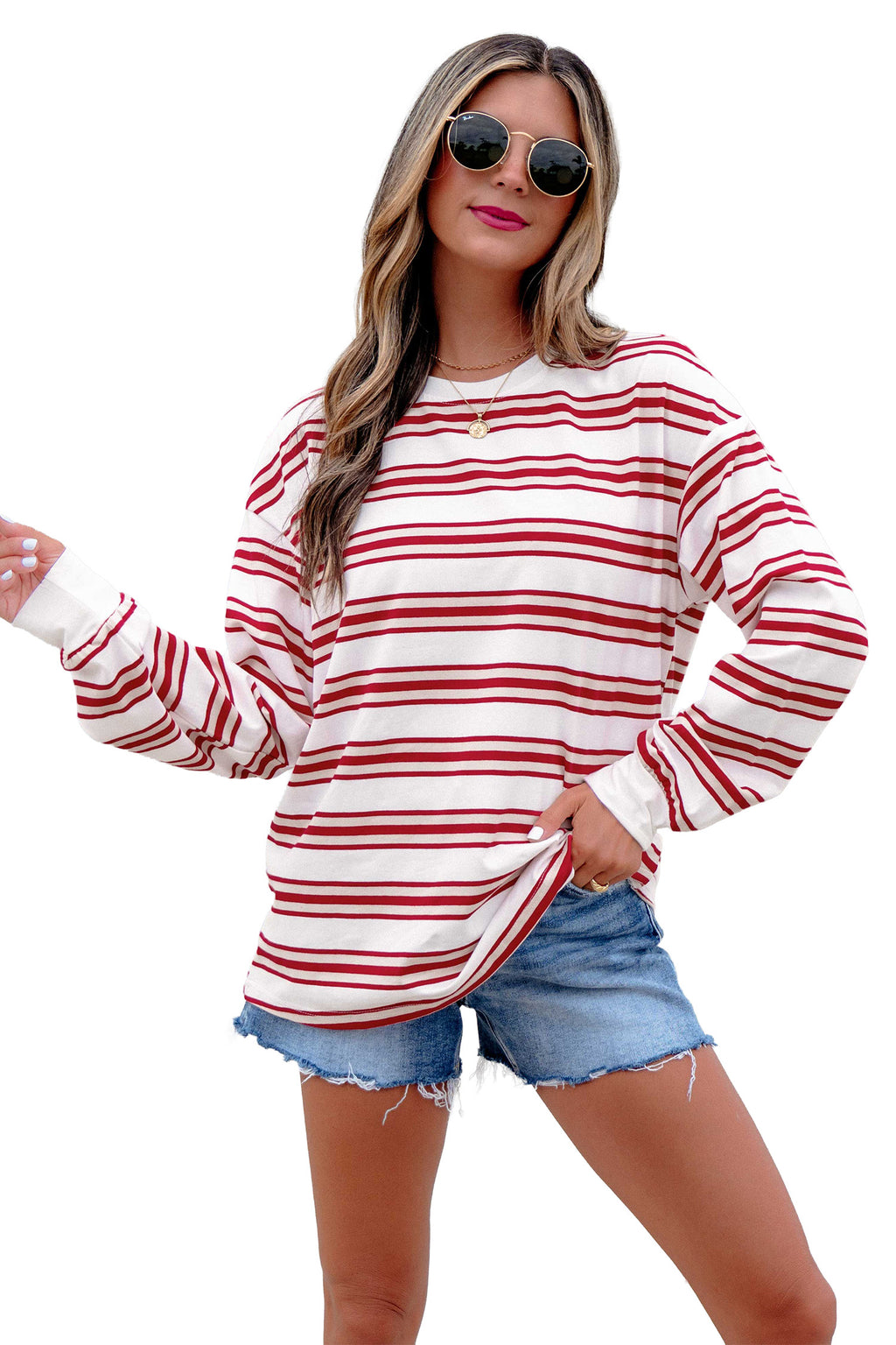 Red Stripe Dropped Shoulder Long Sleeve Casual Pullover Top
