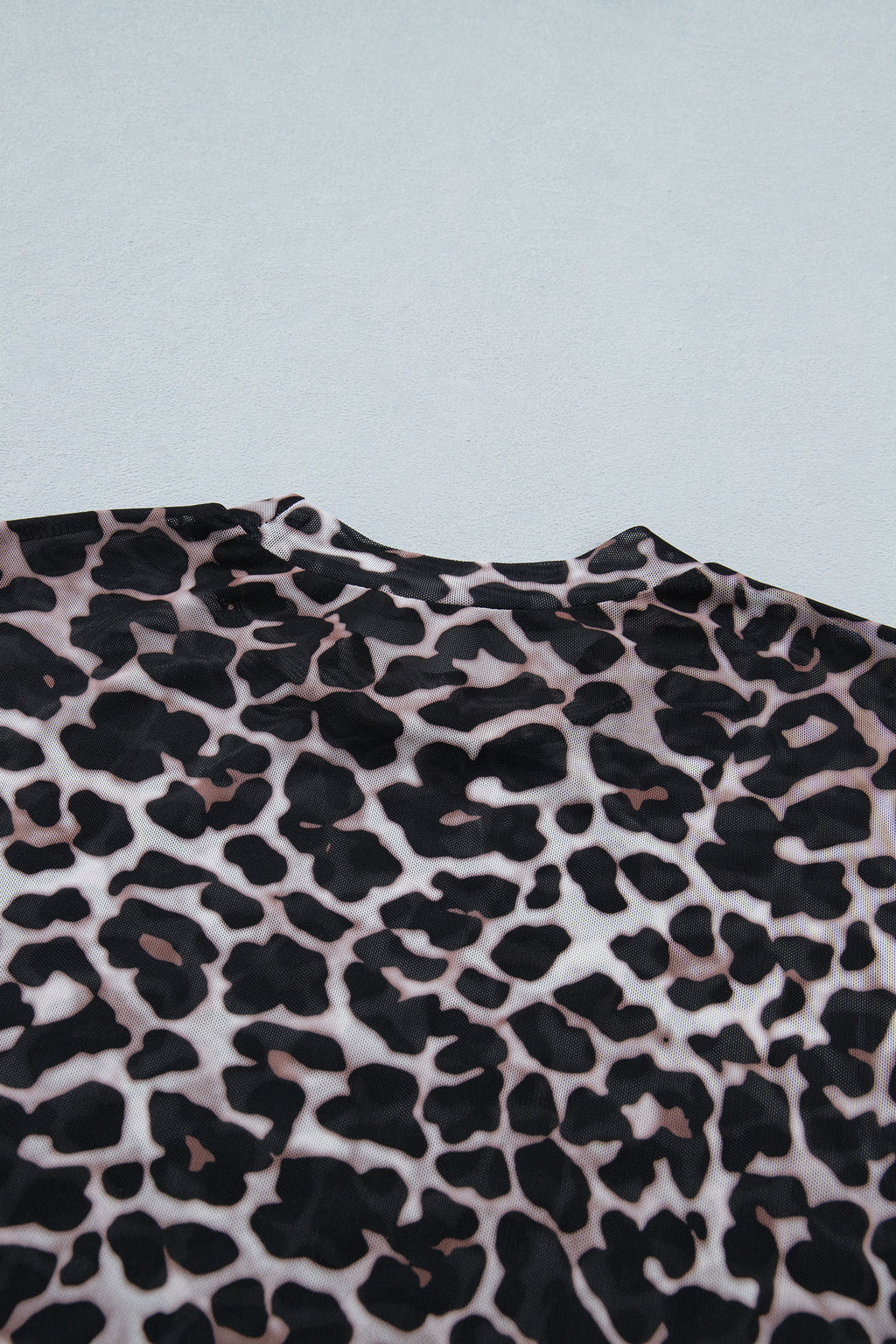 Khaki Leopard Print Sheer Mesh Short Sleeve Top