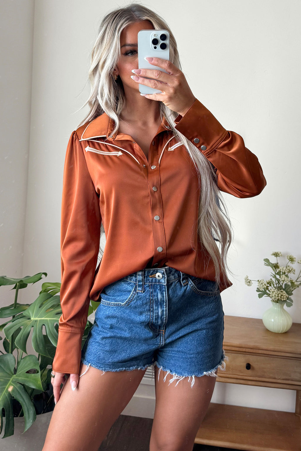 Cinnamon Silky Long Sleeve Button Front Western Fashion Shirt