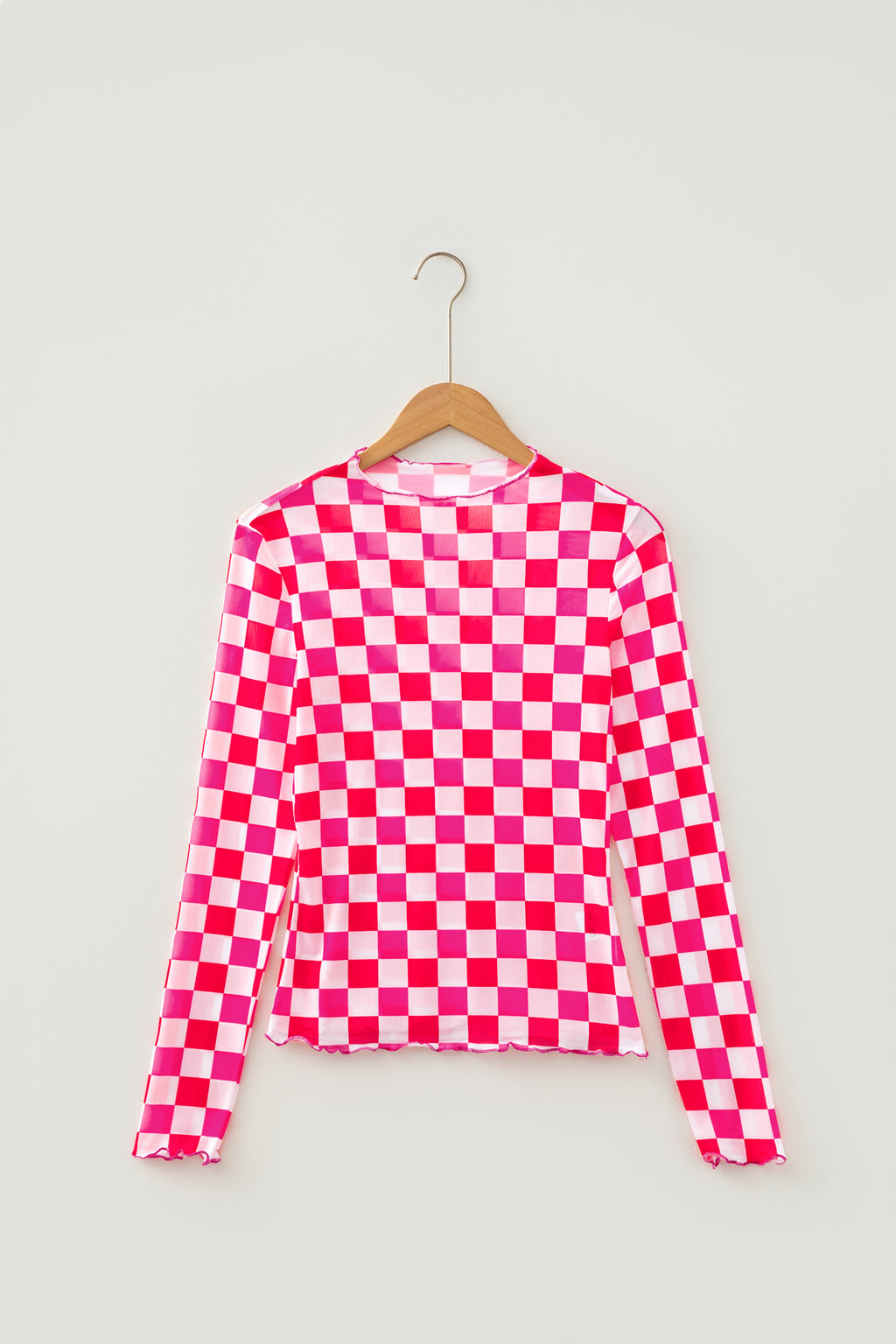 Rose Plaid Heart Mesh Sheer Long Sleeve High Neck Blouse