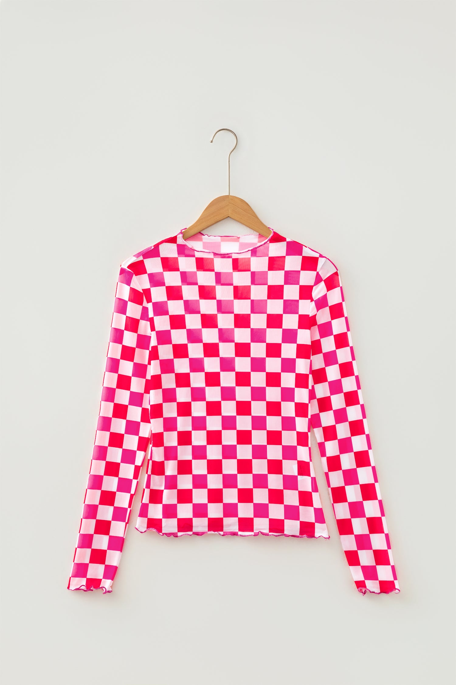 Rose Plaid Heart Mesh Sheer Long Sleeve High Neck Blouse