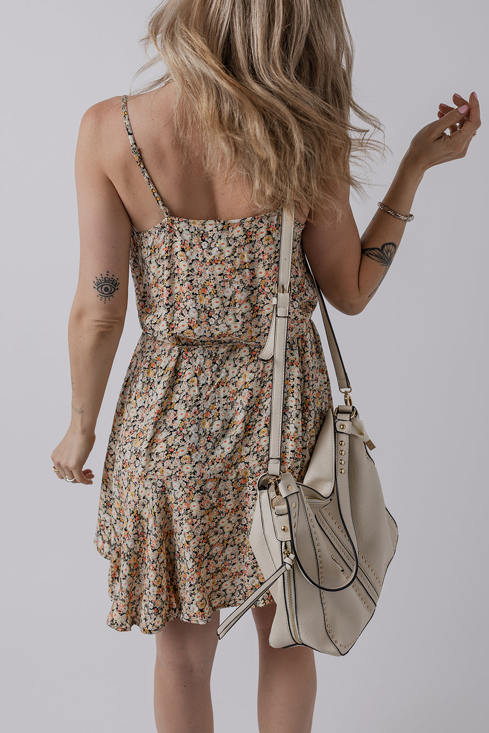 Khaki Boho Floral Printed Tie Waist Flared Sundress