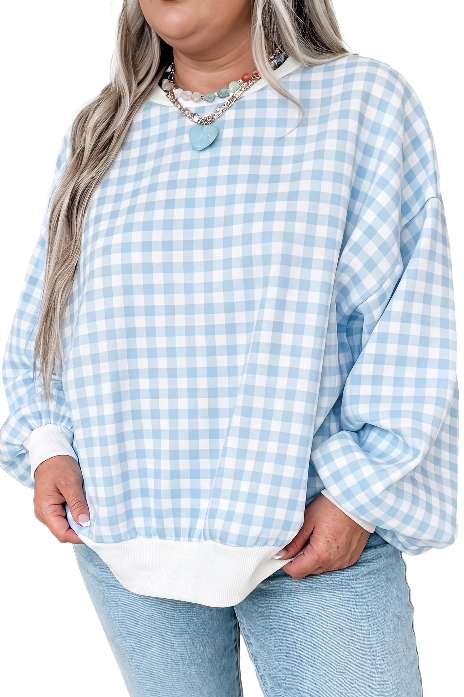 Light Blue Casual Plus Size Plaid Sweatshirt
