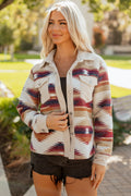 Multicolour Western Aztec Ribbed Patchwork Double Flap Pocket Raw Hem Shacket