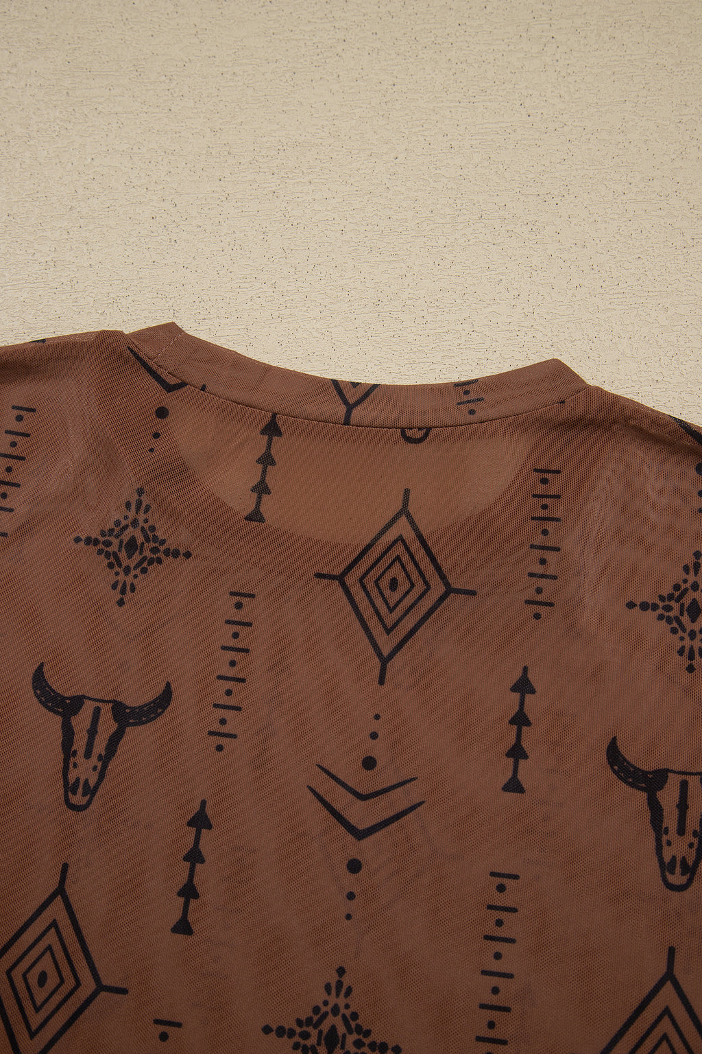 Chestnut Retro Western Print Mesh Long Sleeve Sheath Top