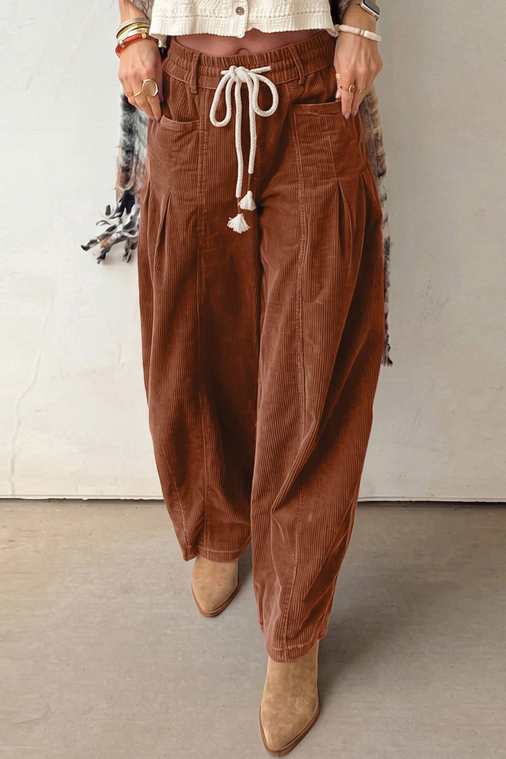 Chestnut Elastic Waist Drawstring Corduroy Casual Pants
