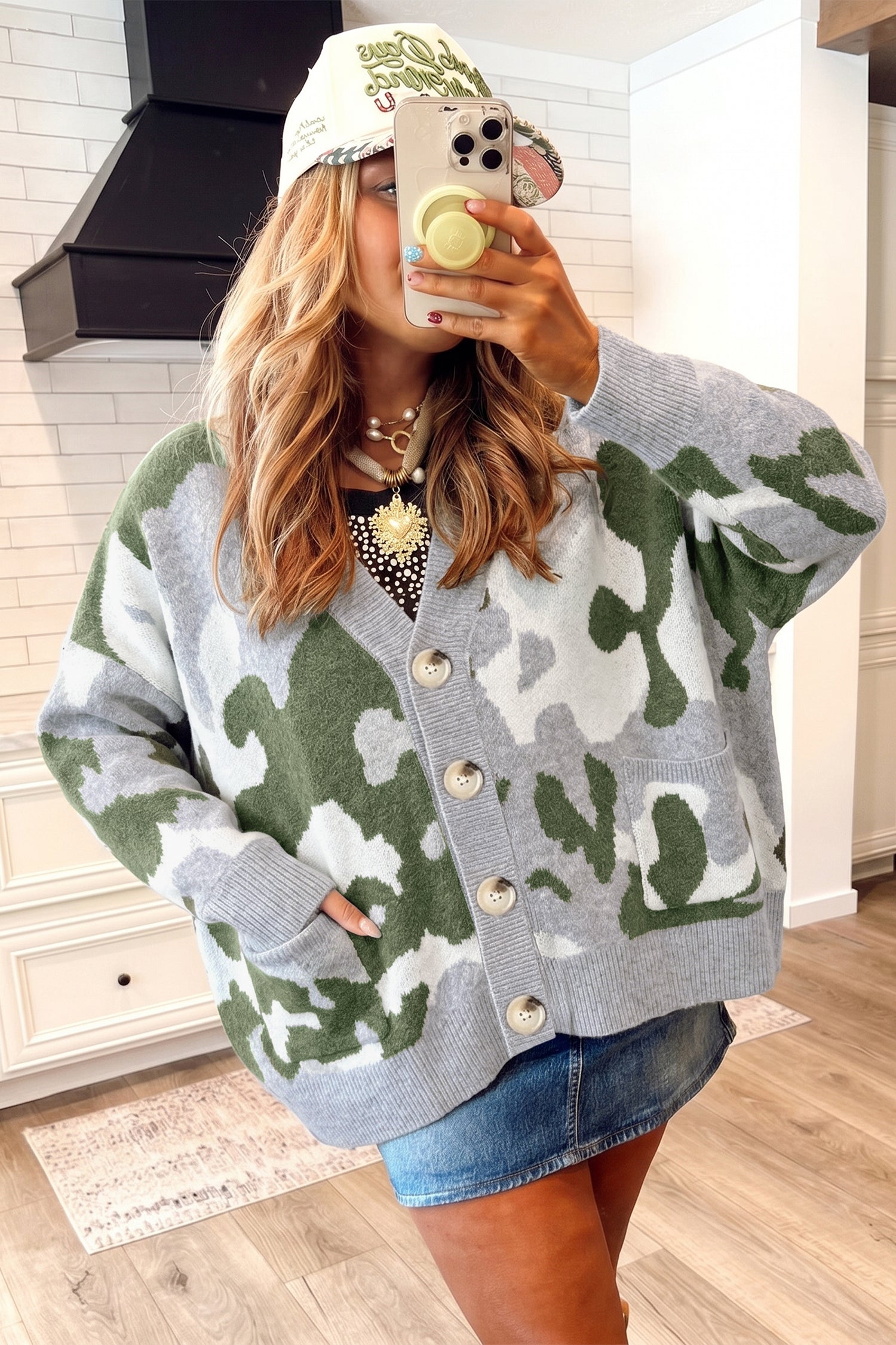 Green Camouflage Drop Shoulder V Neck Button Front Cardigan
