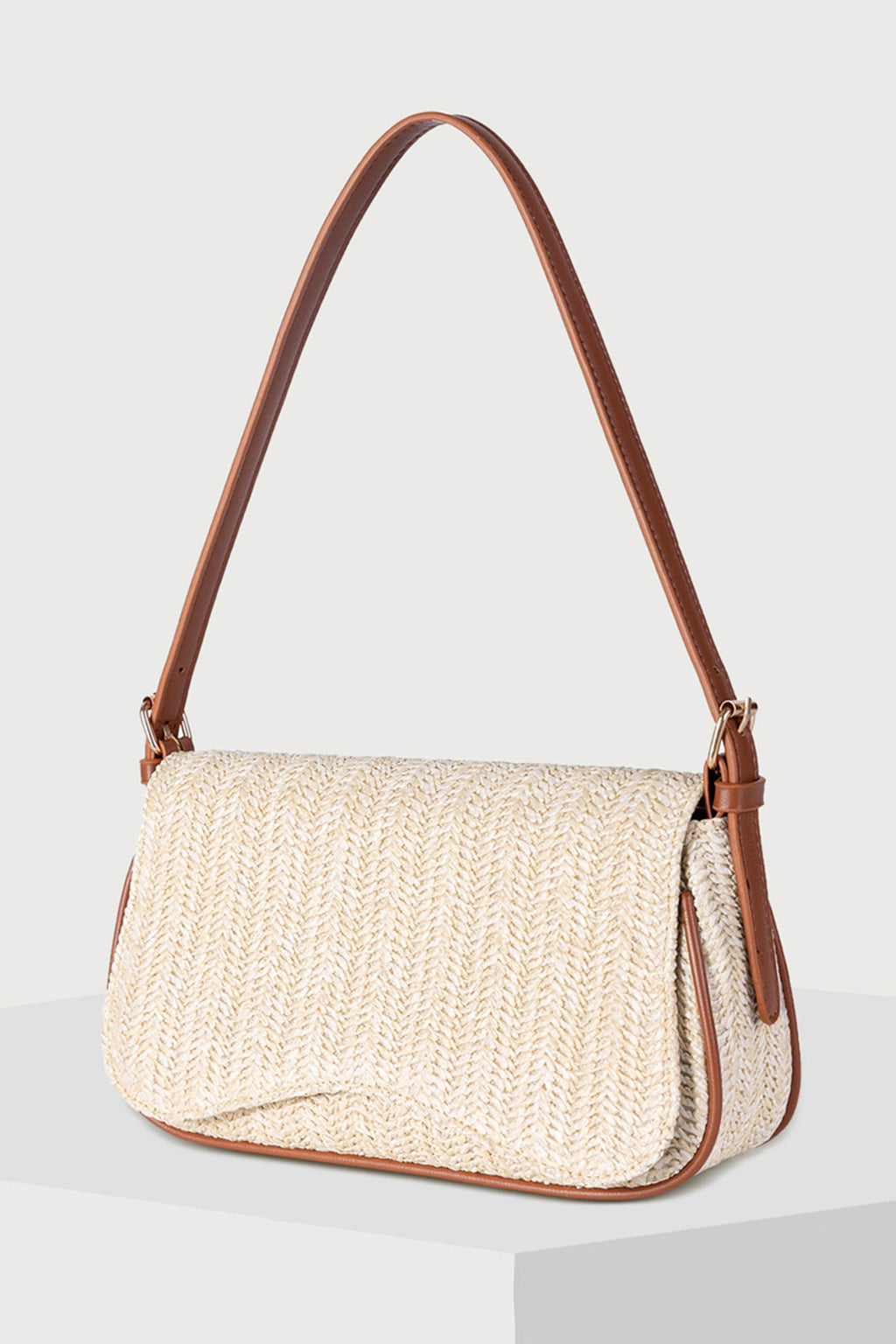 White Raffia Woven PU Leather Trim Shoulder Bag