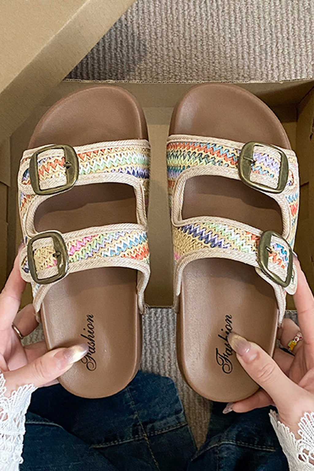Khaki Boho Vacation Woven Buckle Cutout Low-Top Slippers